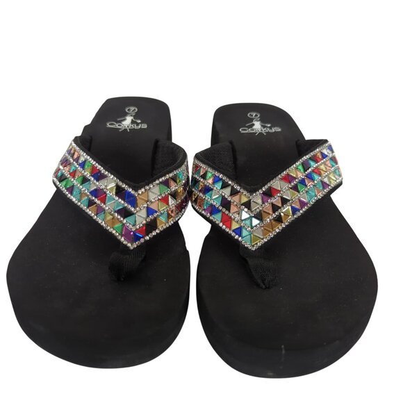 Corkys Clara Jeweled Wedge Platform Sandals Women’s Sz 7 Black Multicolor Rhines - Picture 6 of 10